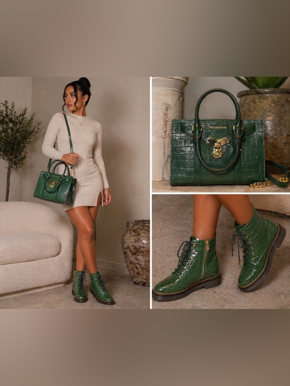 Michael Kors Green Croc-Embossed Satchel with Gold Hardware - Picture 9 of 9